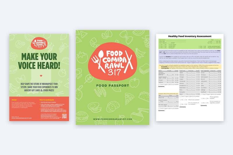Three Food Comida Rawl 317 materials: a "Make your voice heard!" poster, the Food Passport booklet cover, and a Healthy Food Inventory Assessment form.