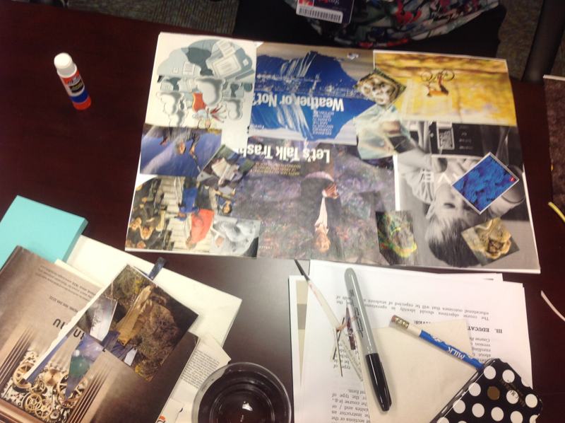 A finished collage of photographs and words on white paper.